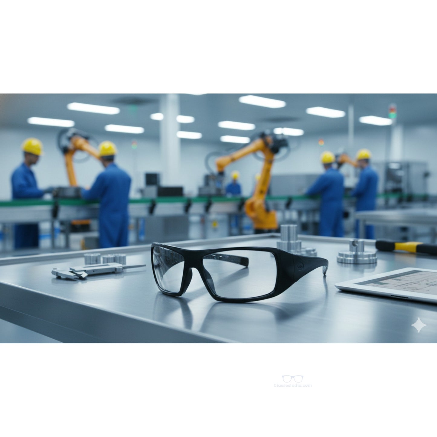 Pyramex Goliath Safety glasses on a table with a factory setting in the background