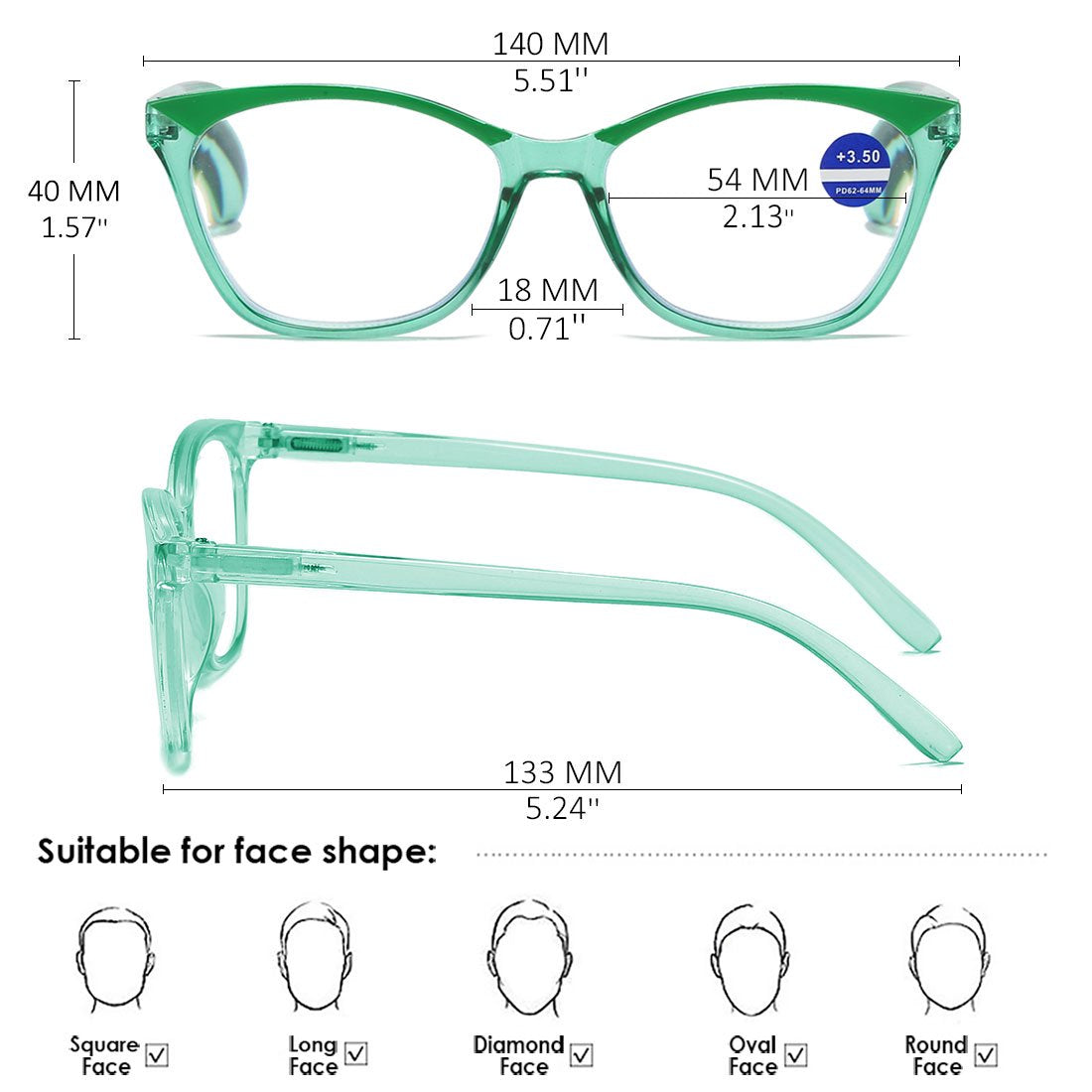 ARTView Green Designer Full Frame Cat Eye Progressive Glasses for Women with Blue Light Filter