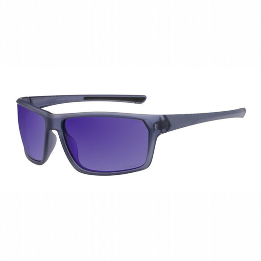 Sunglasses with purple lenses and black frame on a white background