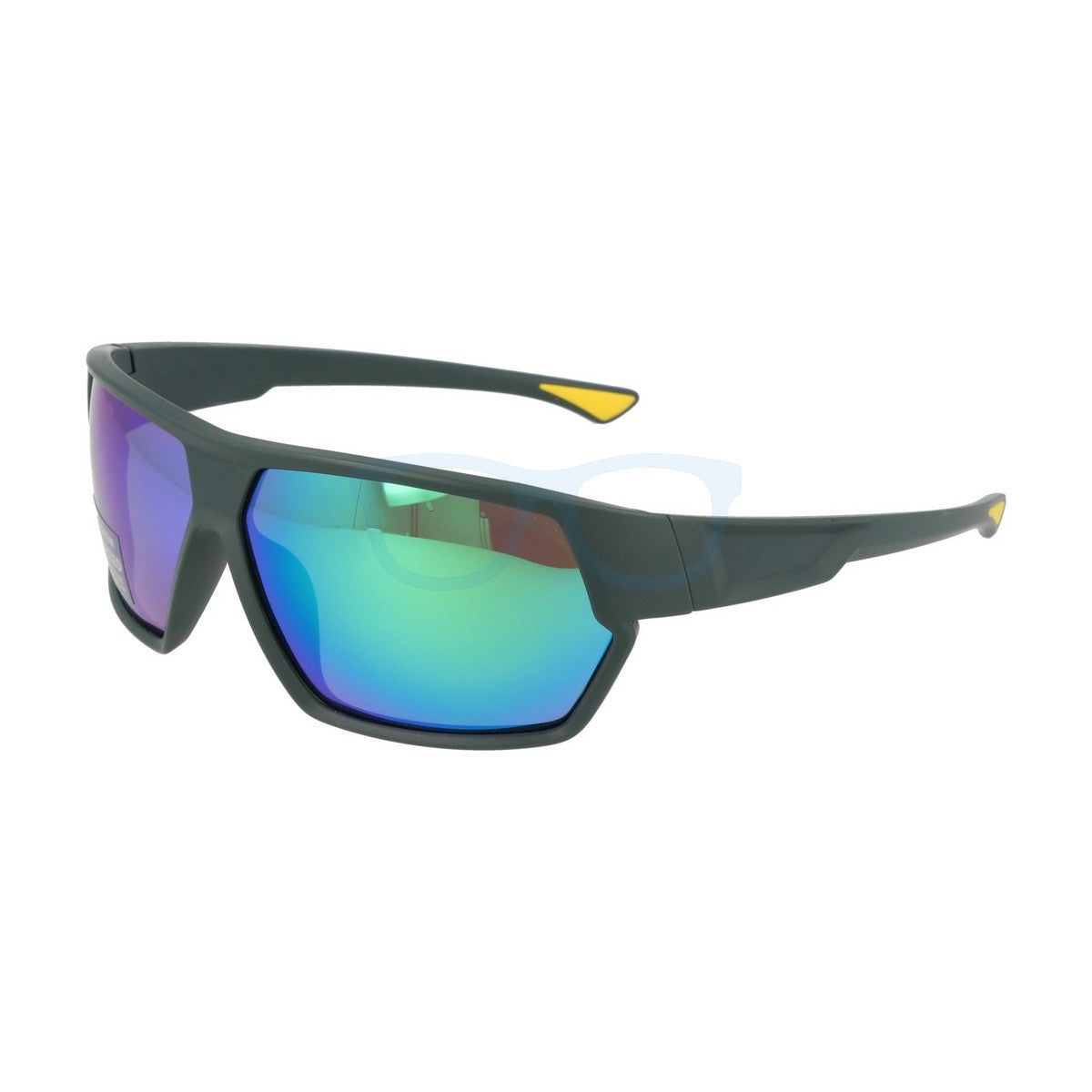 Matte green wraparound polarized cricket sunglasses with green revo mirror lenses and yellow temple tips for sports.