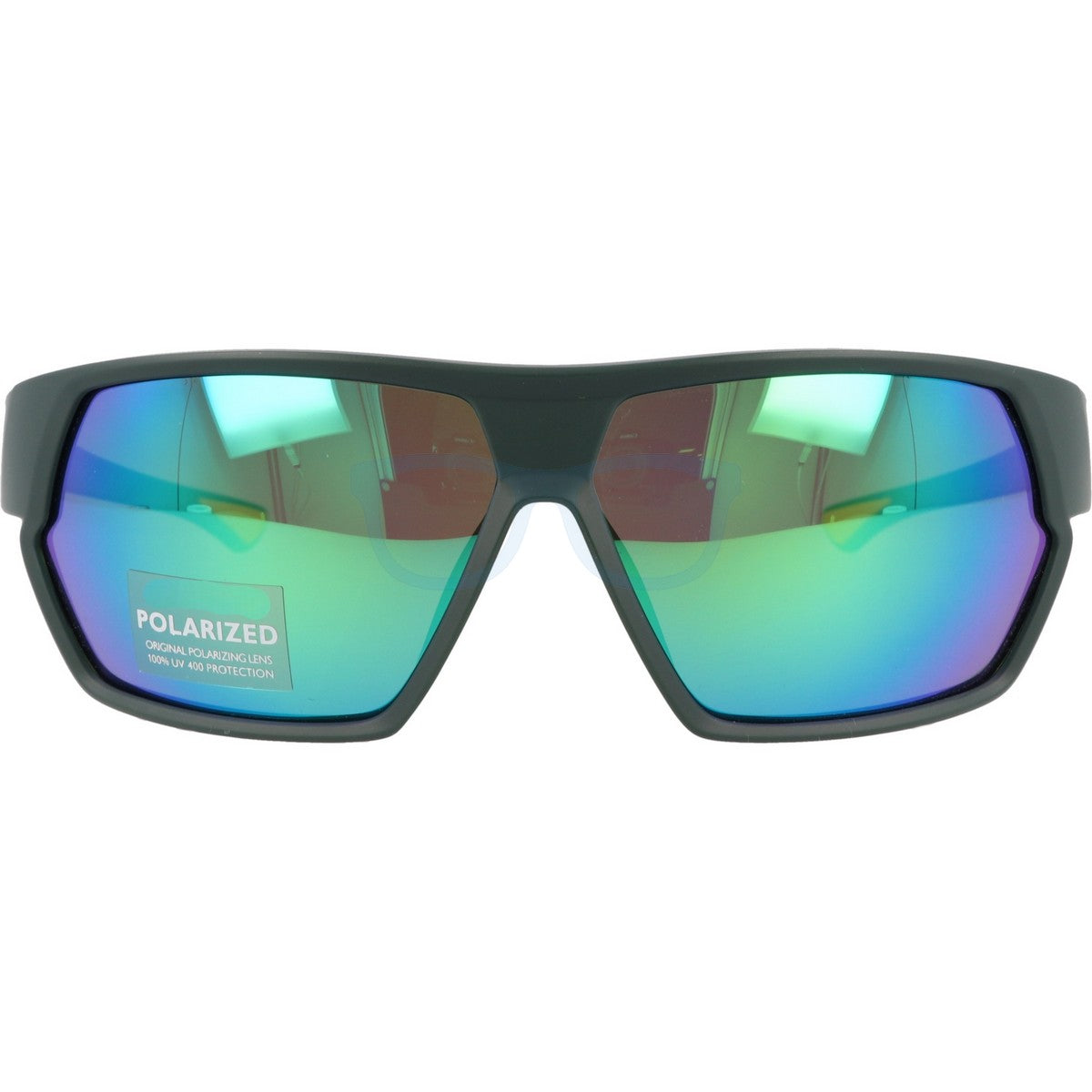 Professional polarized sport sunglasses with green mirror lens and matte dark green frame, 100% UV400 protection for cricket and cycling.