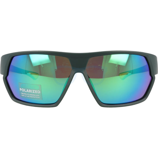 Professional polarized sport sunglasses with green mirror lens and matte dark green frame, 100% UV400 protection for cricket and cycling.
