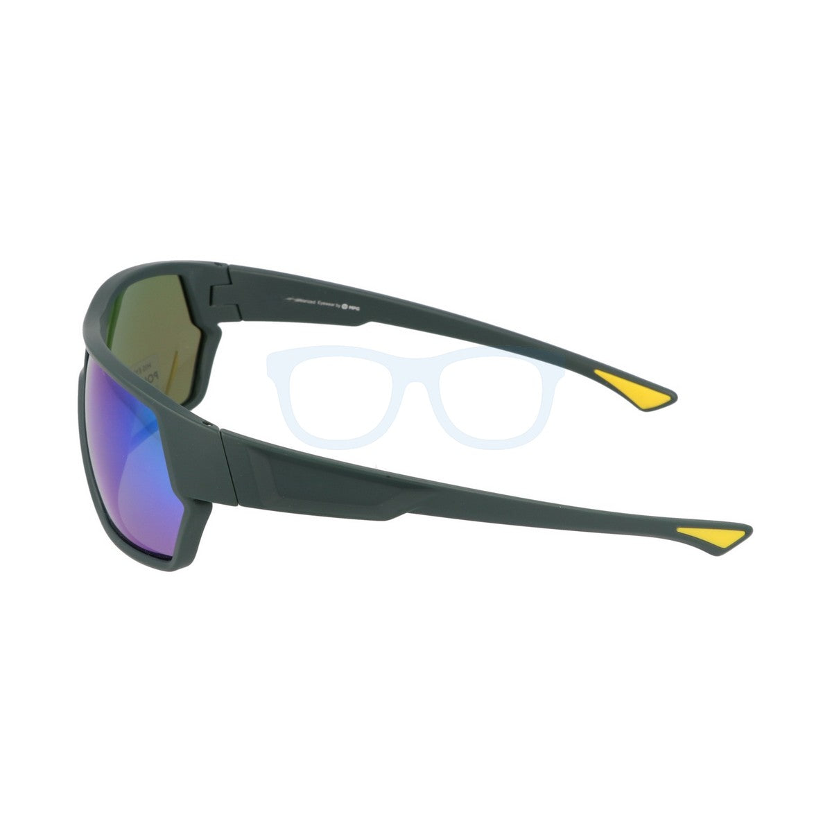 Side view of aerodynamic sports sunglasses showing the wraparound frame design and non-slip yellow rubberized temple tips.