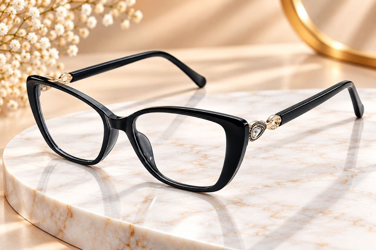 Black cat eye eyeglasses three quarter view