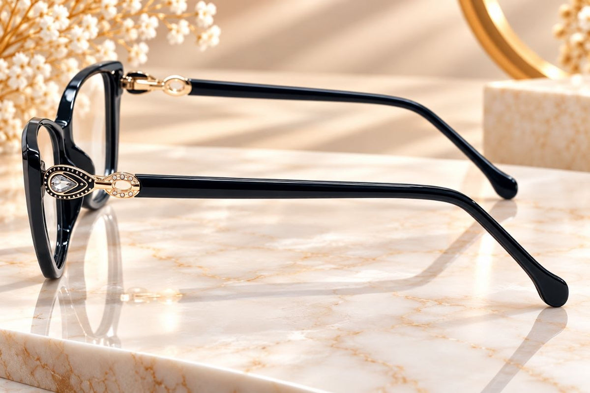 Black acetate frame gold decorative temple closeup