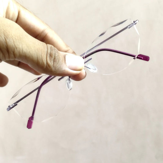 Purple Cat Eye Rimless Glasses with Diamond Cut Edges