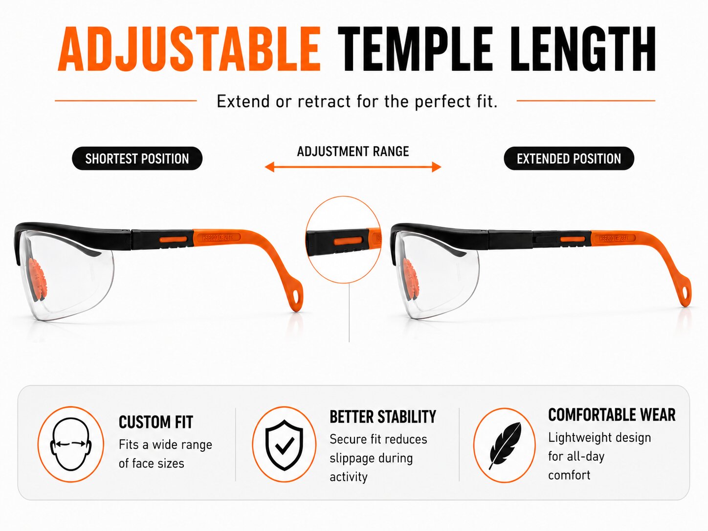 Adjustable Temple Clear Sports Glasses Detail