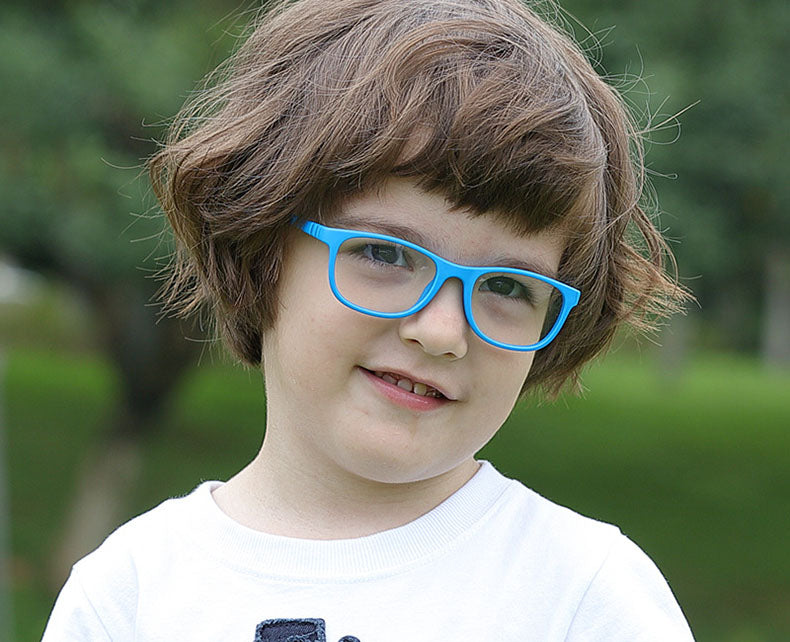 S303 flexible rectangle kids glasses worn by a child aged approximately 3 to 6 years