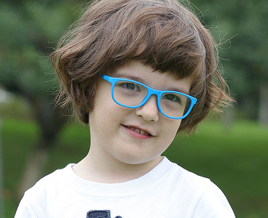 S303 flexible rectangle kids glasses worn by a child aged approximately 3 to 6 years