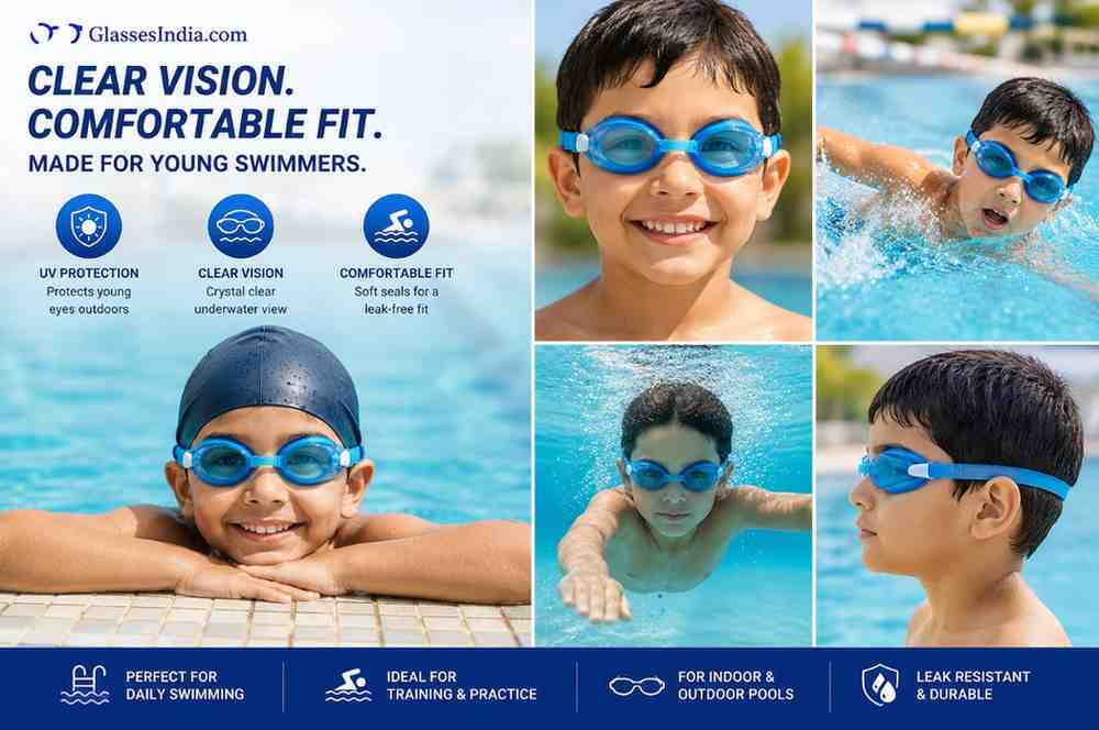 Child wearing prescription swimming goggles