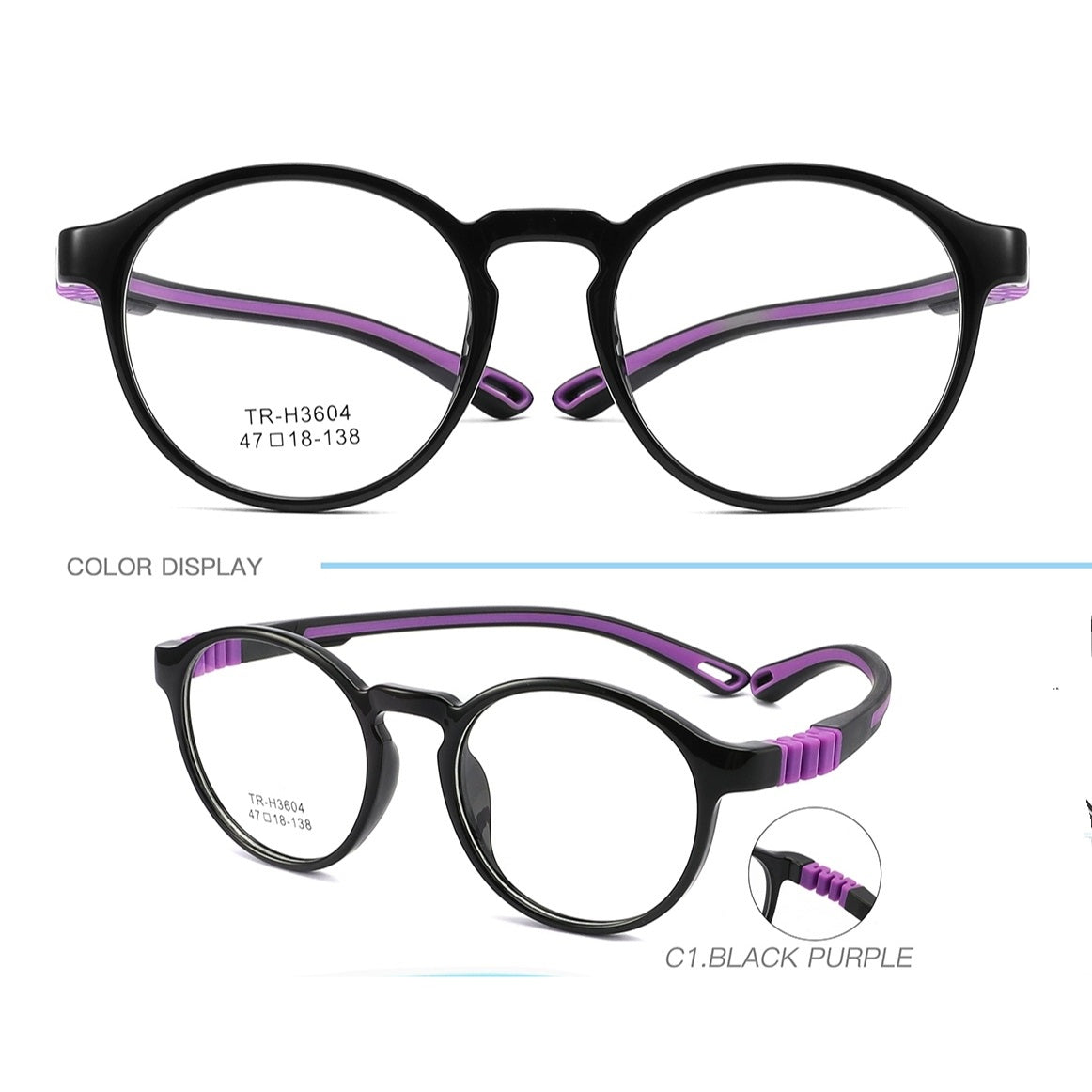 Round Kids Unbreakable Glasses TR 6804 Black Purple