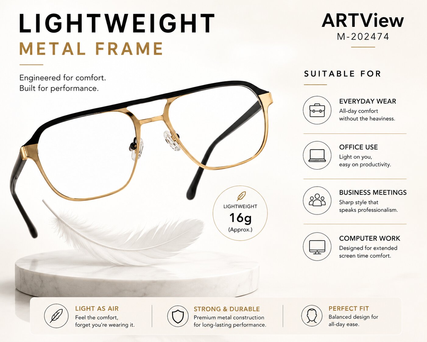 ARTView M-202474 executive frame product feature infographic