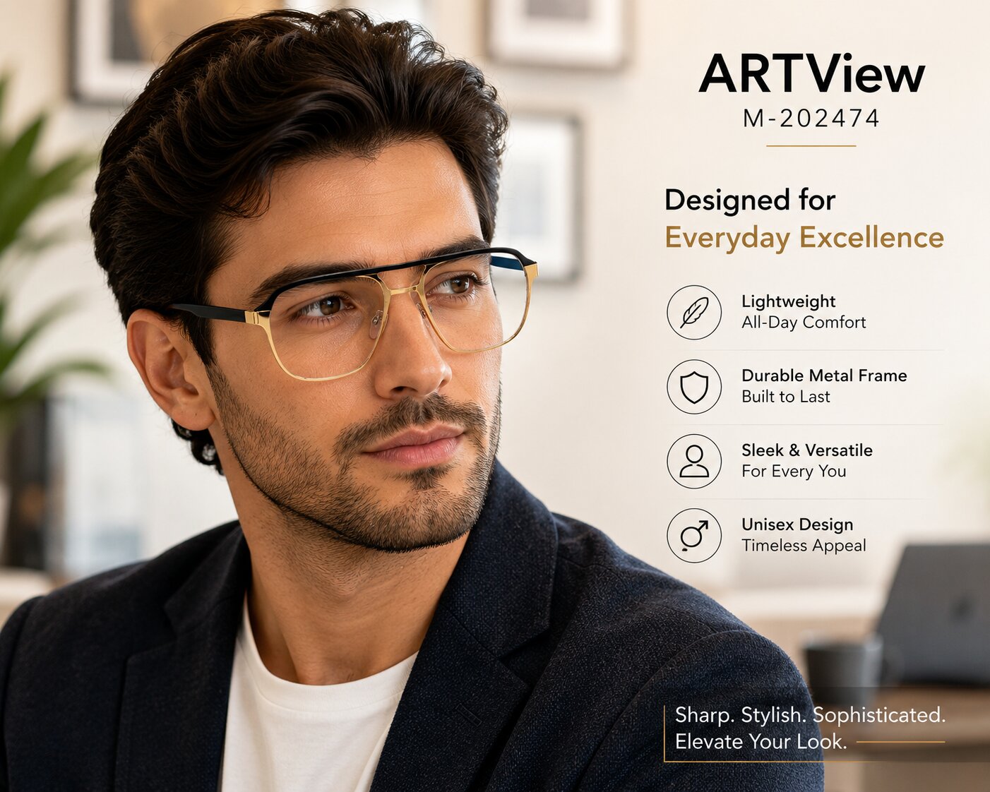 ARTView M-202474 executive metal eyeglasses frame detail view