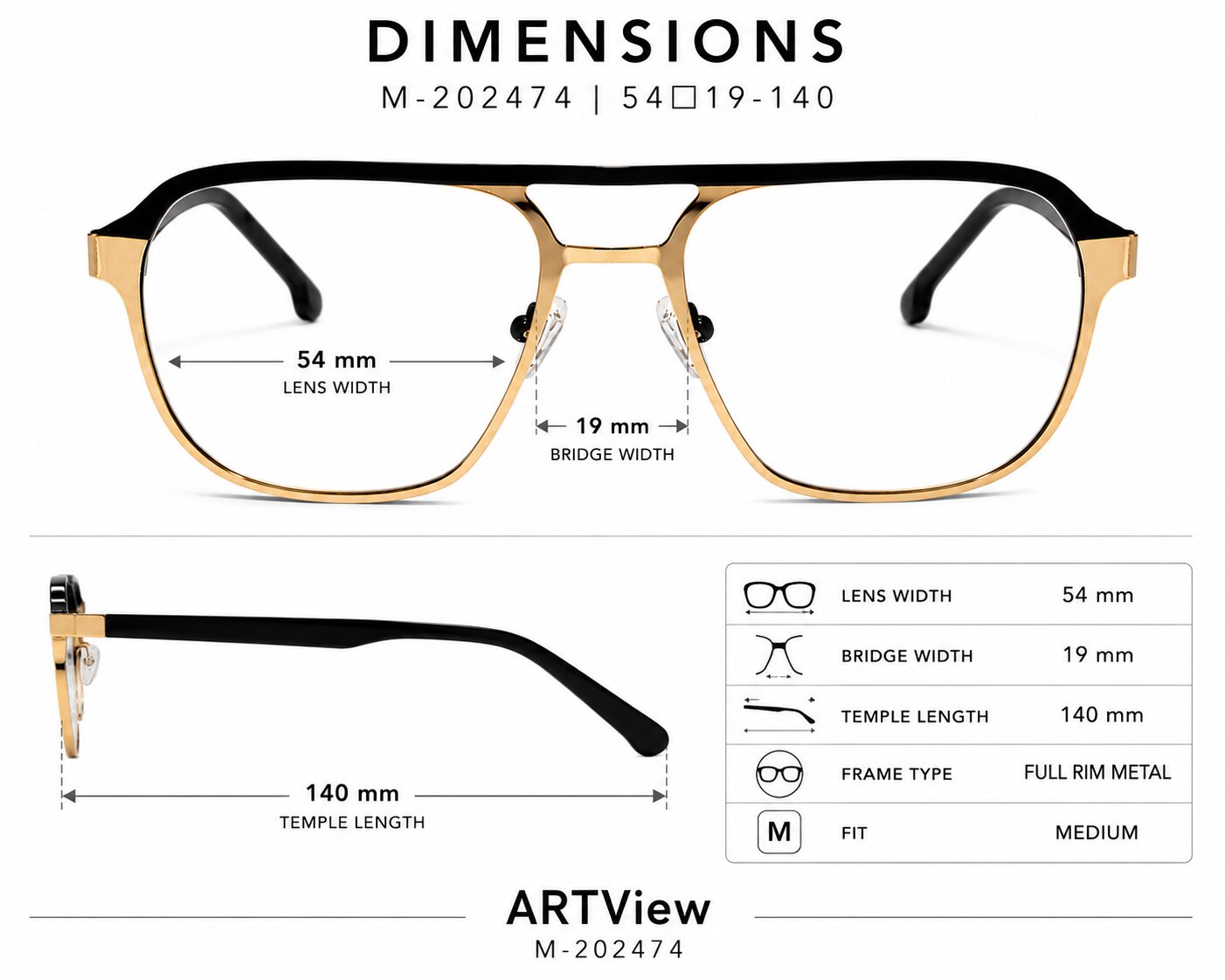 ARTView M-202474 frame dimensions 54-19-140