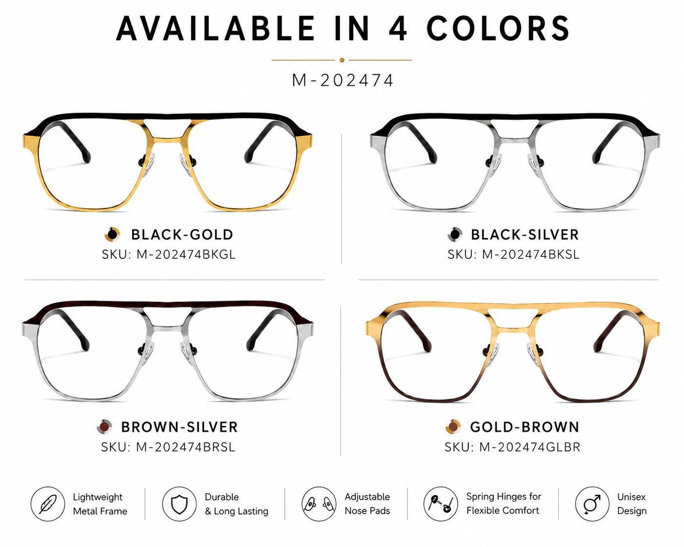 ARTView M-202474 available colours Black Gold Black Silver Brown Silver and Gold Brown