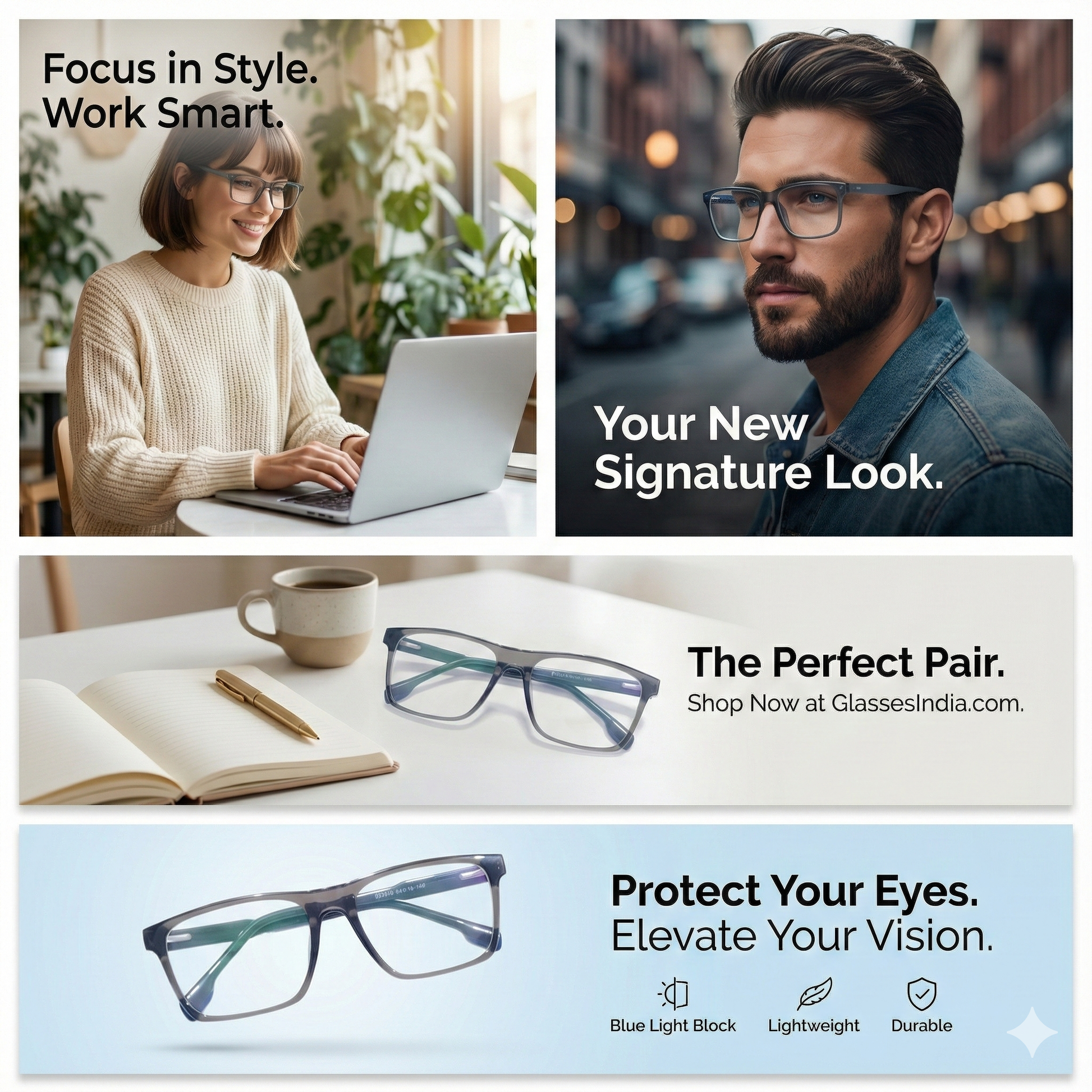 Collage of people wearing glasses with eyeglasses on a table.