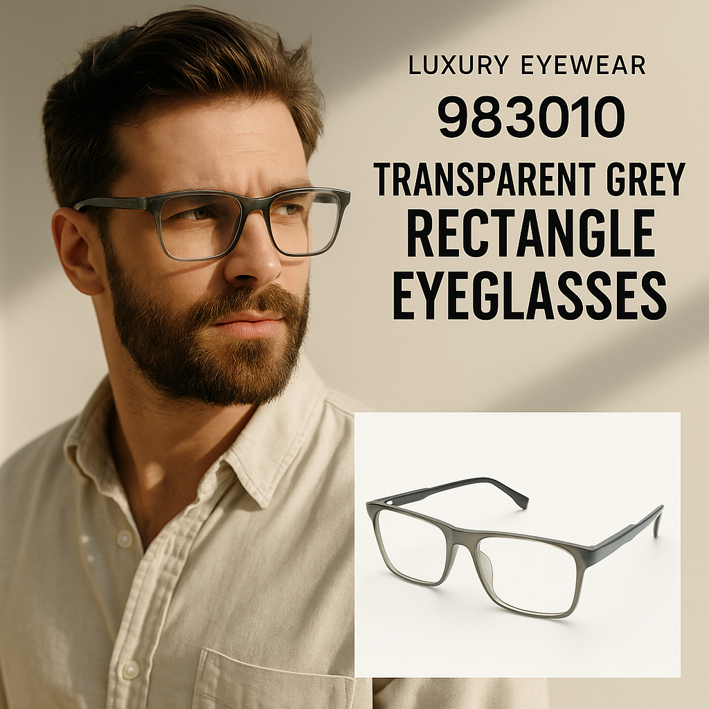 Man wearing transparent gray rectangle eyeglasses with product details on a beige background