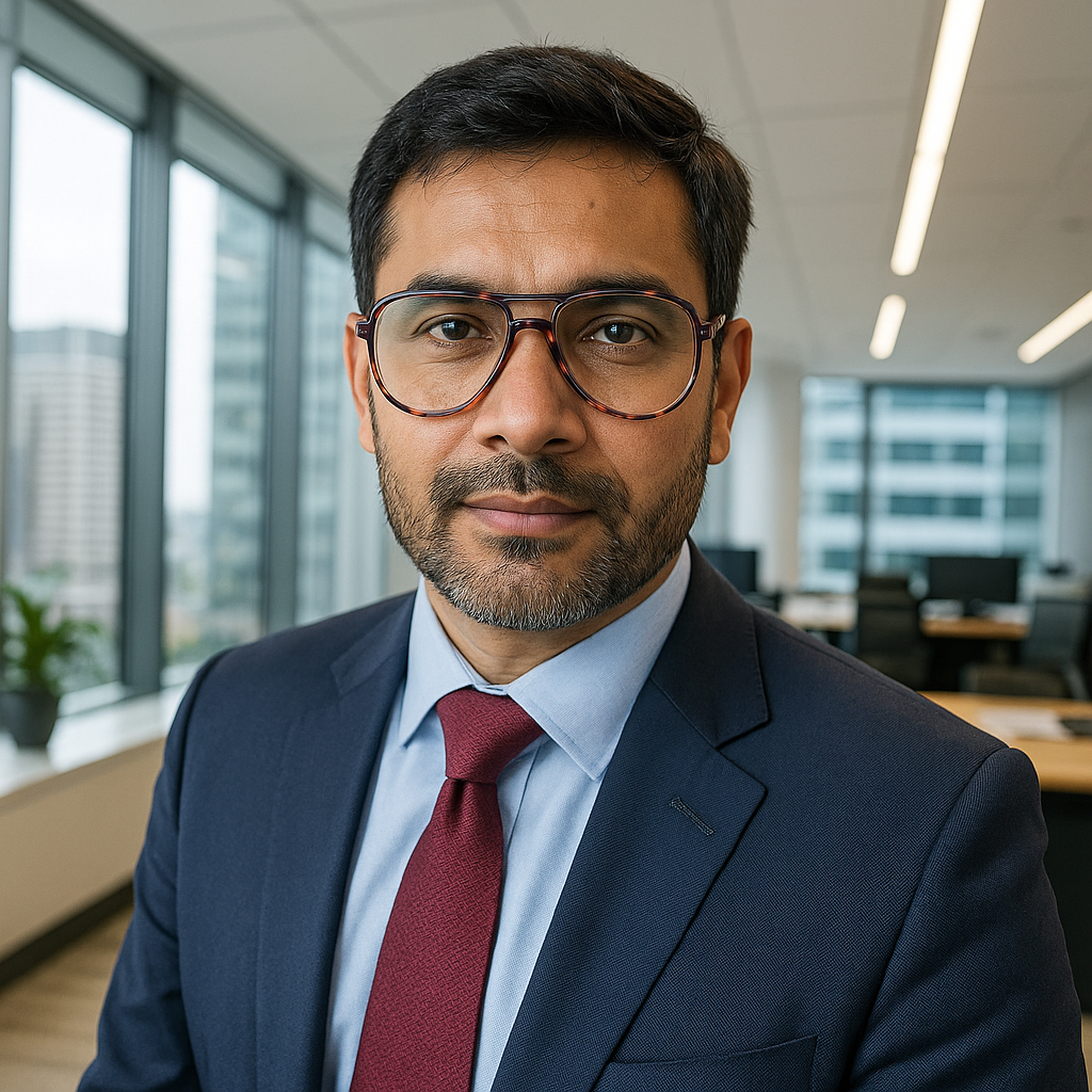 Man Wearing Pilot Frame Glasses in a suit and tie in an office setting