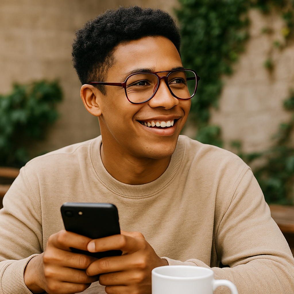 Man wearing Aviator glasses and a beige sweater, holding a phone and a mug outdoors