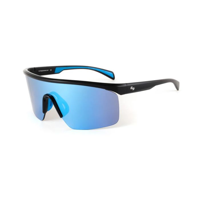 A pair of sports sunglasses with icy blue mirrored lenses and black frame, designed for anti-fog performance and non-slip fit.