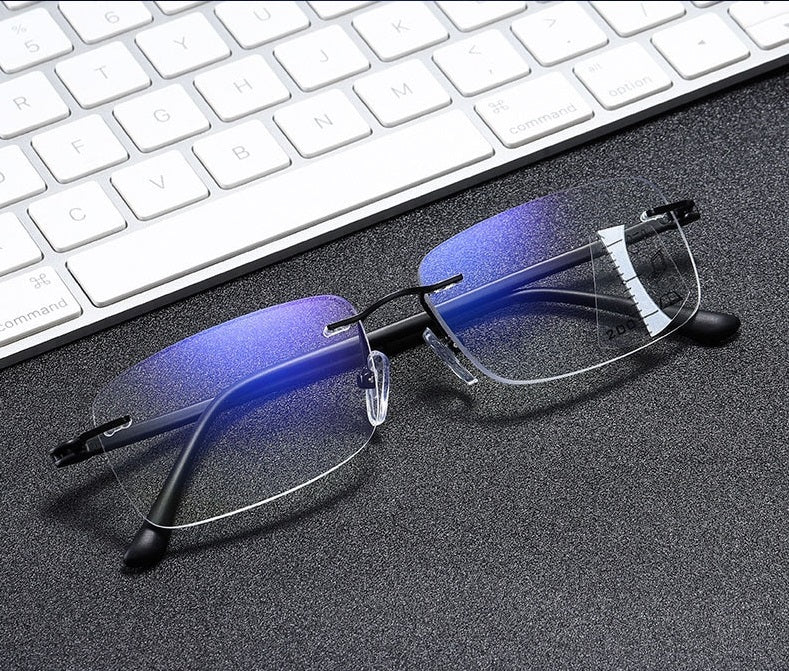 Rimless Multifocus Progressive Reading Glasses Men Anti Blue Light Glasses