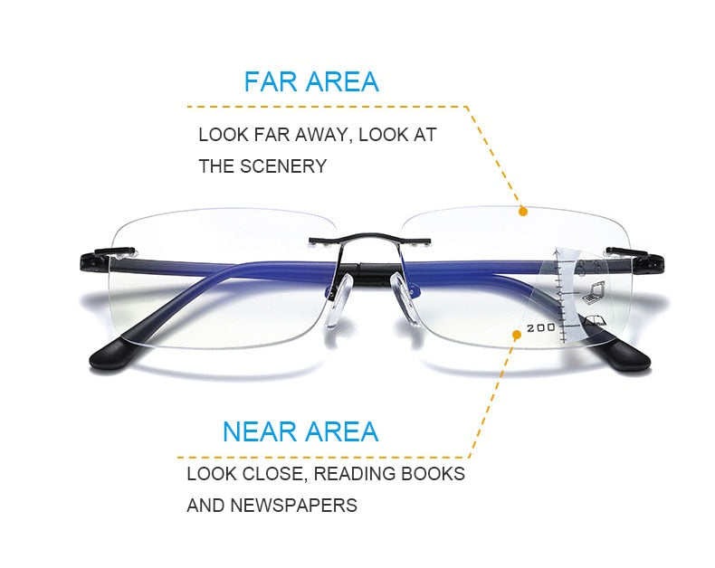 Rimless Multi focal Progressive Reading Glasses Men Anti Blue Light Glasses