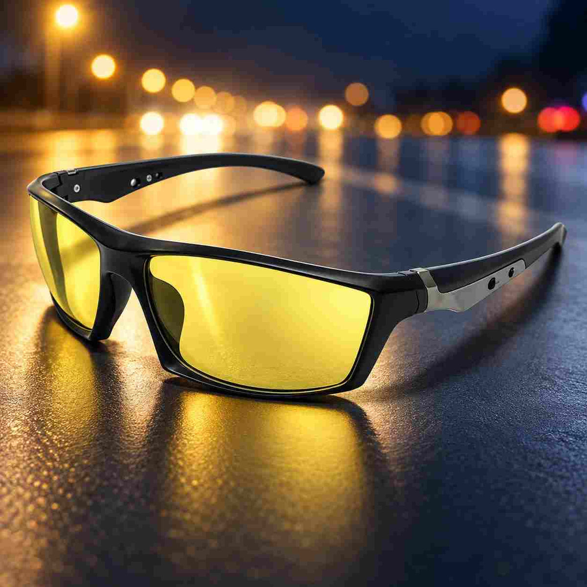 Yellow lens night driving glasses three-quarter view