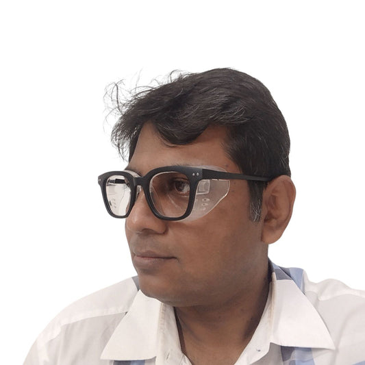 Person Wearing Moisture Chamber Glasses for Dry Eyes
