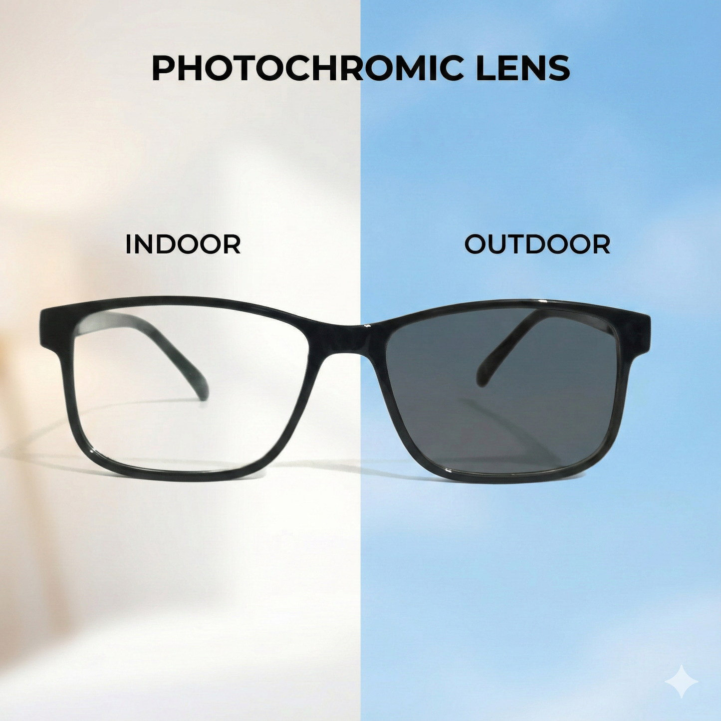 Glasses with photochromic lenses showing indoor and outdoor effects on a split background.