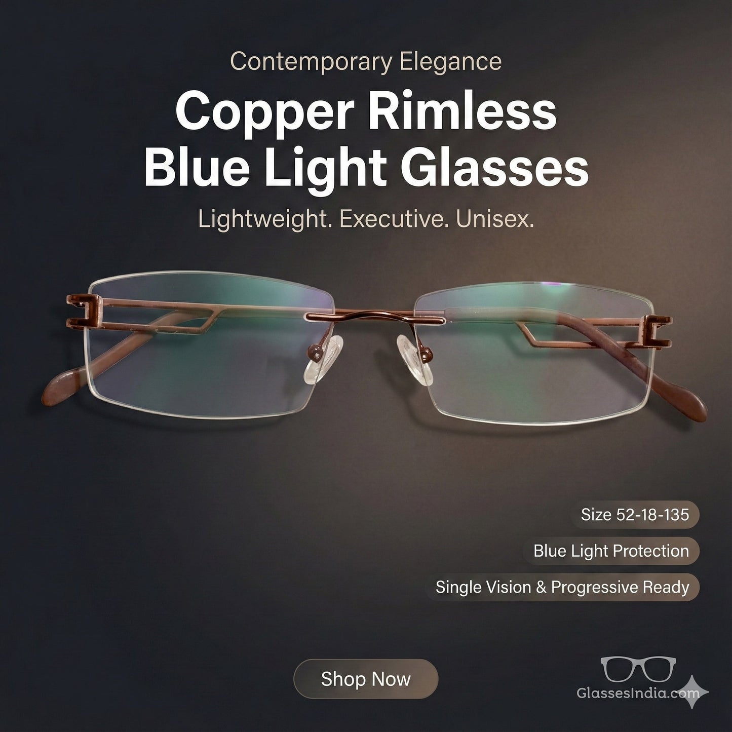 Brown Rimless Blue Light Blocker Computer Glasses Frameless Glass Frames PR5014CO