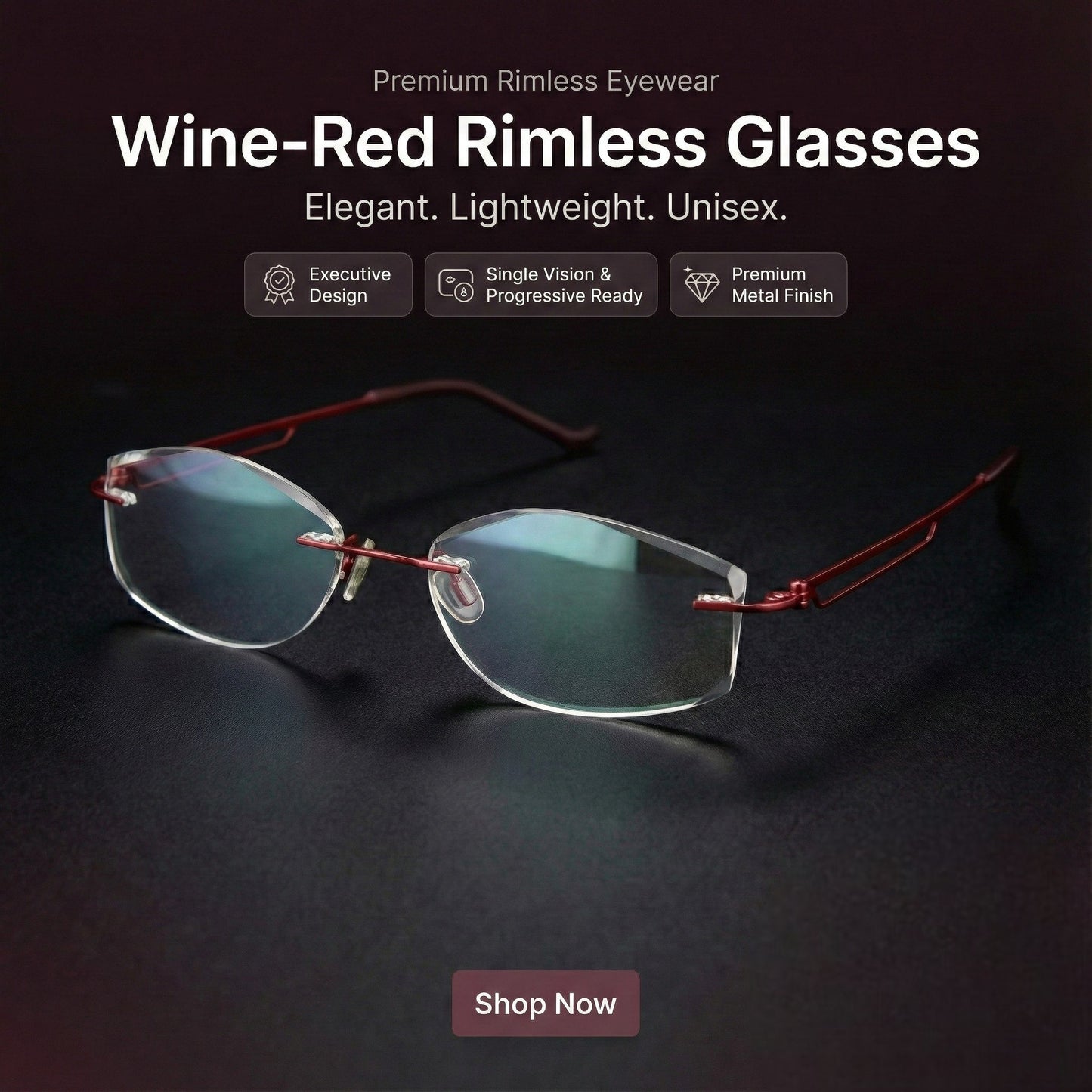 Premium Rimless Glasses in Wine Red – Model PR8005