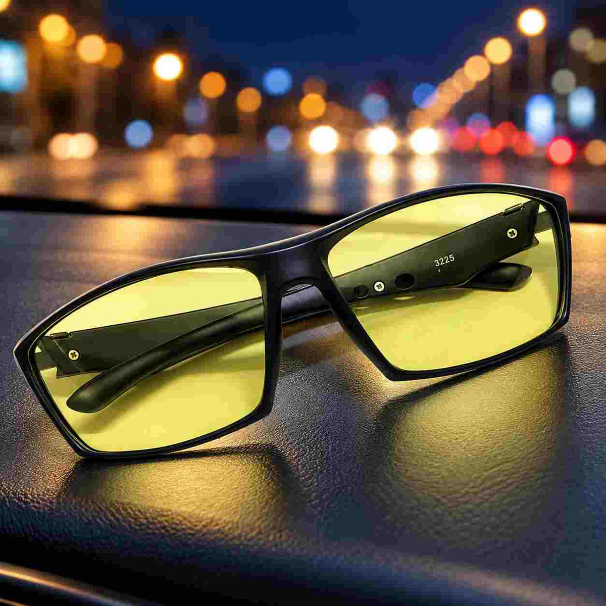 Wraparound night driving glasses with yellow lenses and black frame