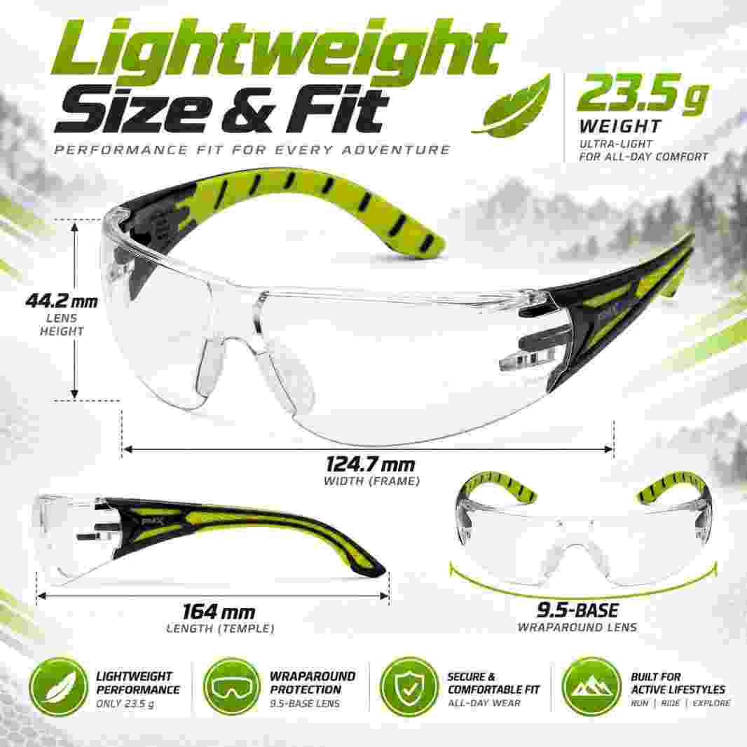 Pyramex Endeavor Plus lightweight sports glasses size and fit infographic