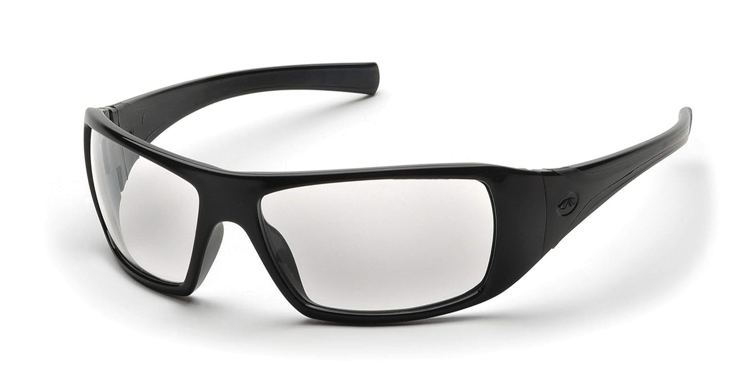 A pair of black Pyramex Goliath safety eyewear with clear lenses and a full rim frame.