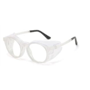 Round-shaped moisture chamber glasses with a White frame, designed for dry eyes