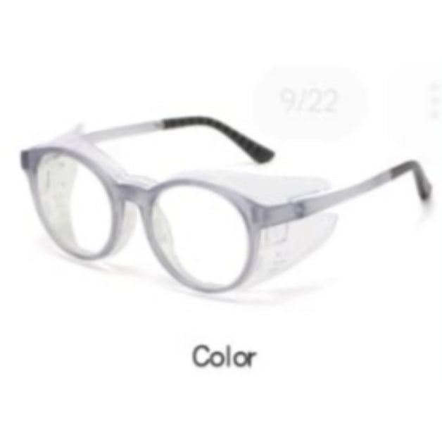 Round-shaped moisture chamber glasses with a grey frame, designed for dry eyes