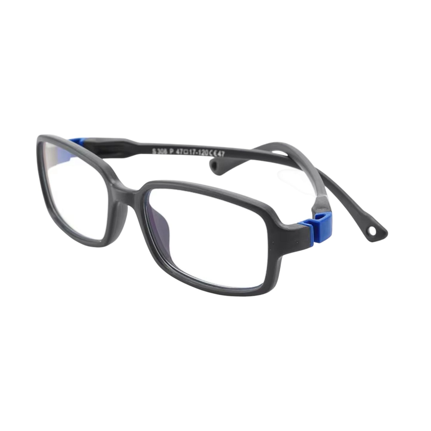 S308 C47 black and blue flexible kids glasses front three-quarter product view