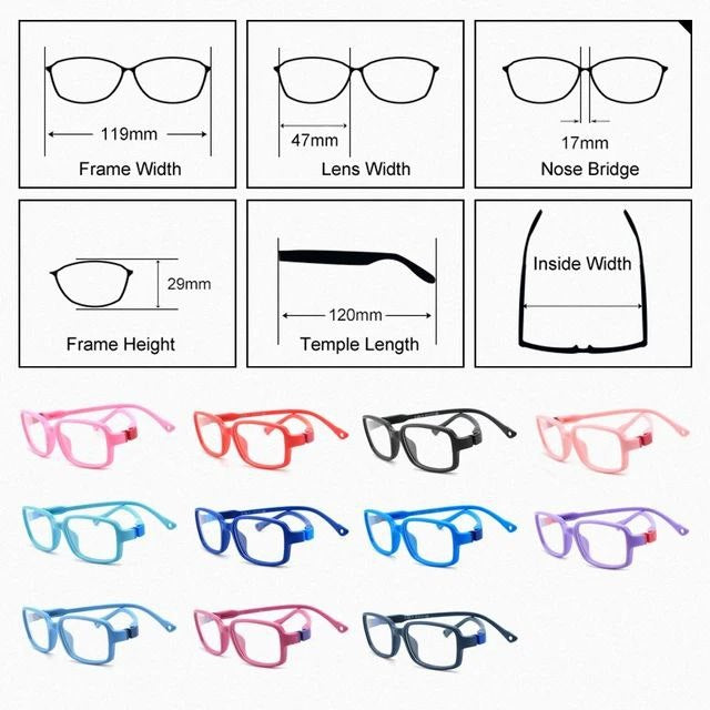 S308 flexible kids glasses size guide showing 47 mm lens width, 17 mm bridge, 120 mm temple length and available colours