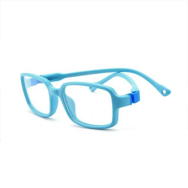 S308 sky blue flexible kids glasses product view with rounded rectangular frame