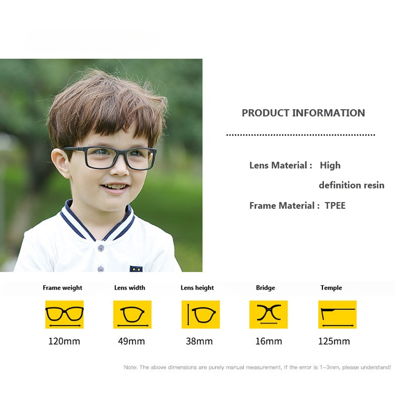 S306 kids glasses product detail showing rectangular full-rim frame construction