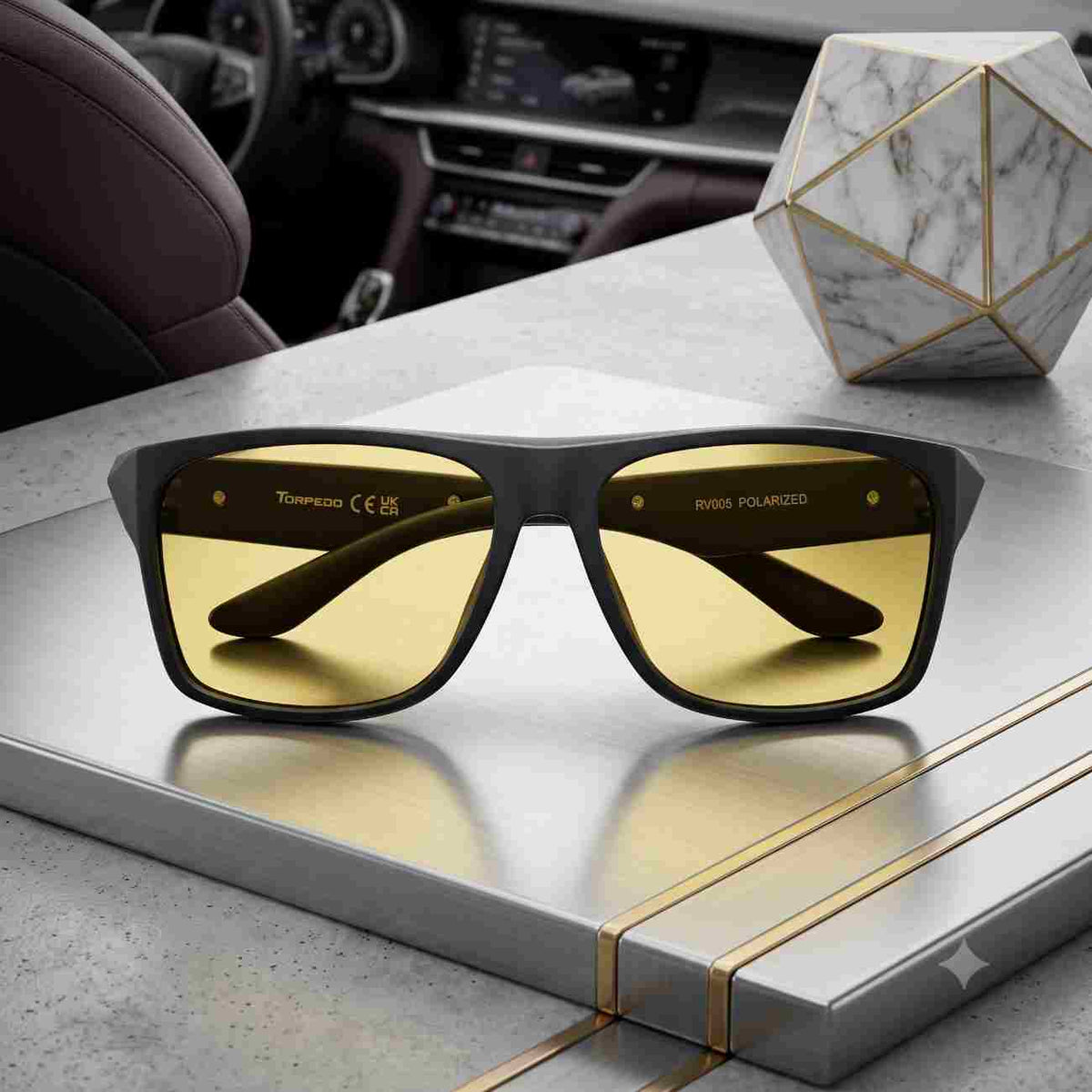 Sporty black frame yellow polarized night driving sunglasses RV005