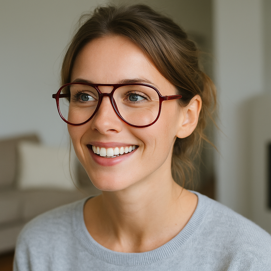Woman wearing glasses and a gray sweater indoors