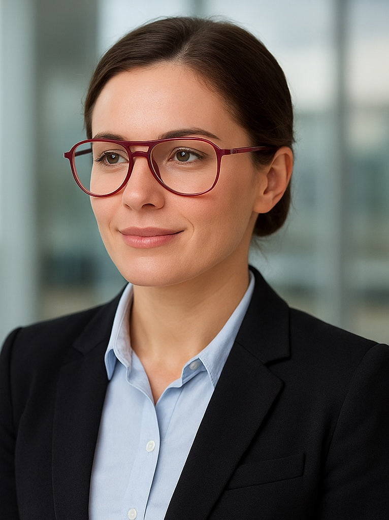 Woman wearing glasses and a black blazer with a blurred background