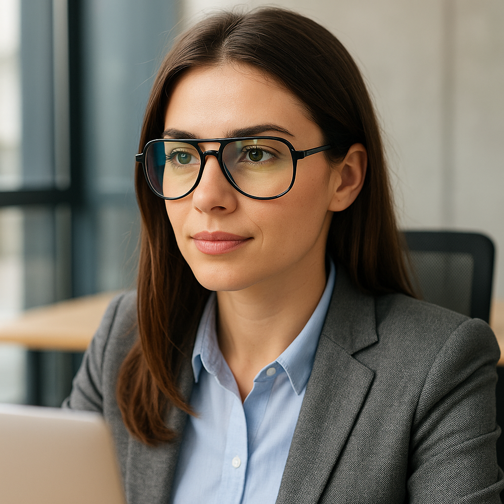 Woman wearing glasses and a gray blazer sitting at a desk.