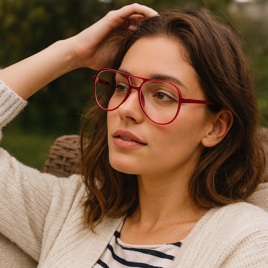 Woman wearing red glasses and a beige cardigan outdoors