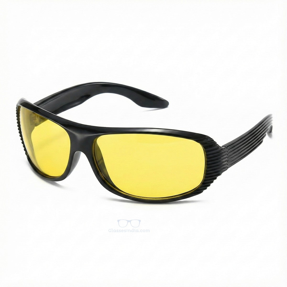 Sunglasses with yellow lenses and black frame on a white background