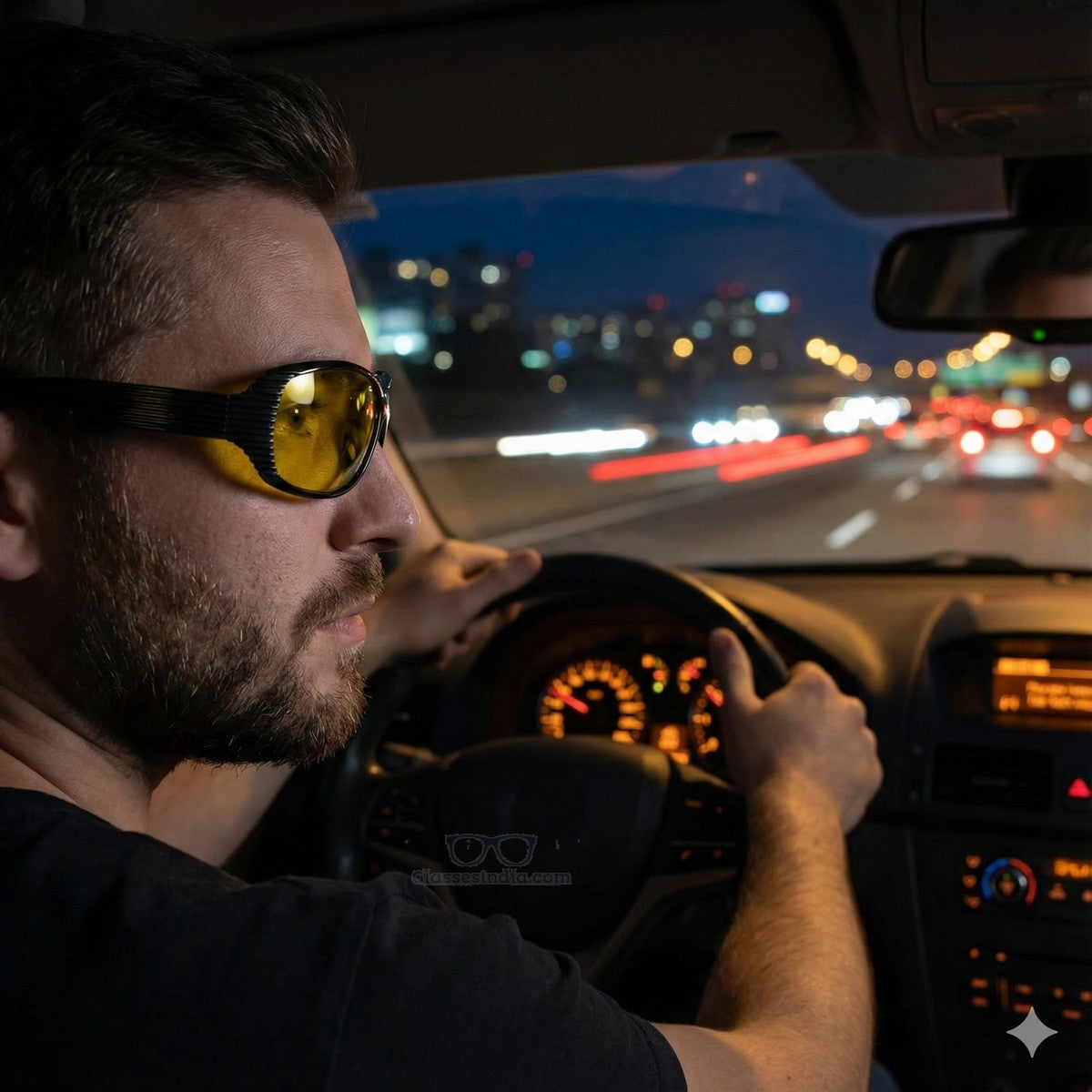 Man driving a car at night with city lights in the background