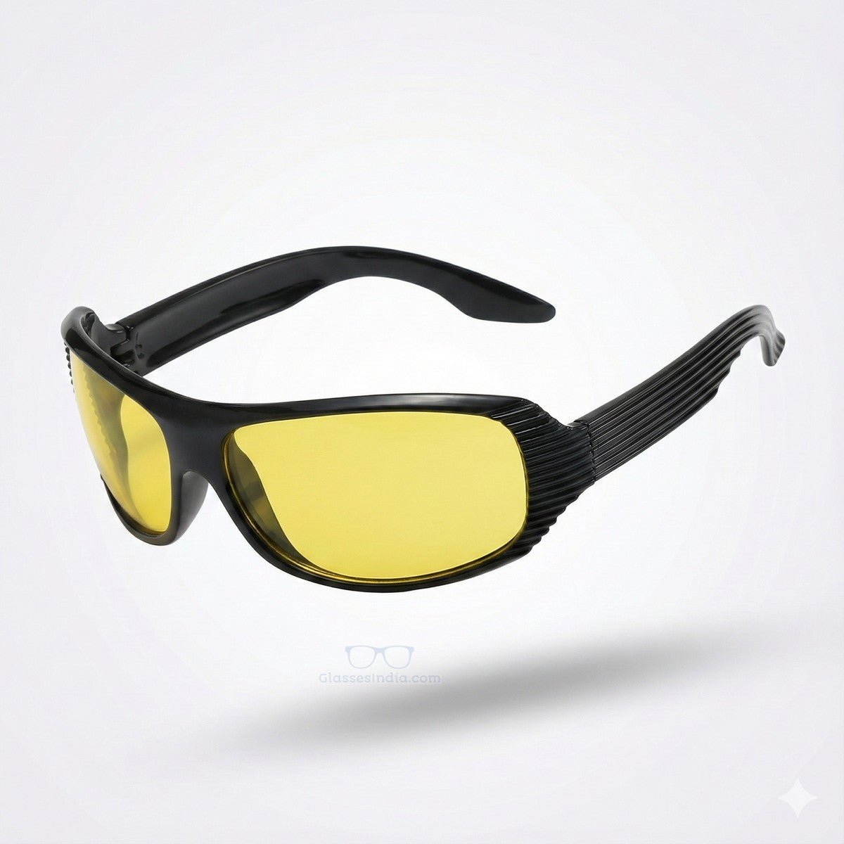 Black-framed sunglasses with yellow lenses on a white background