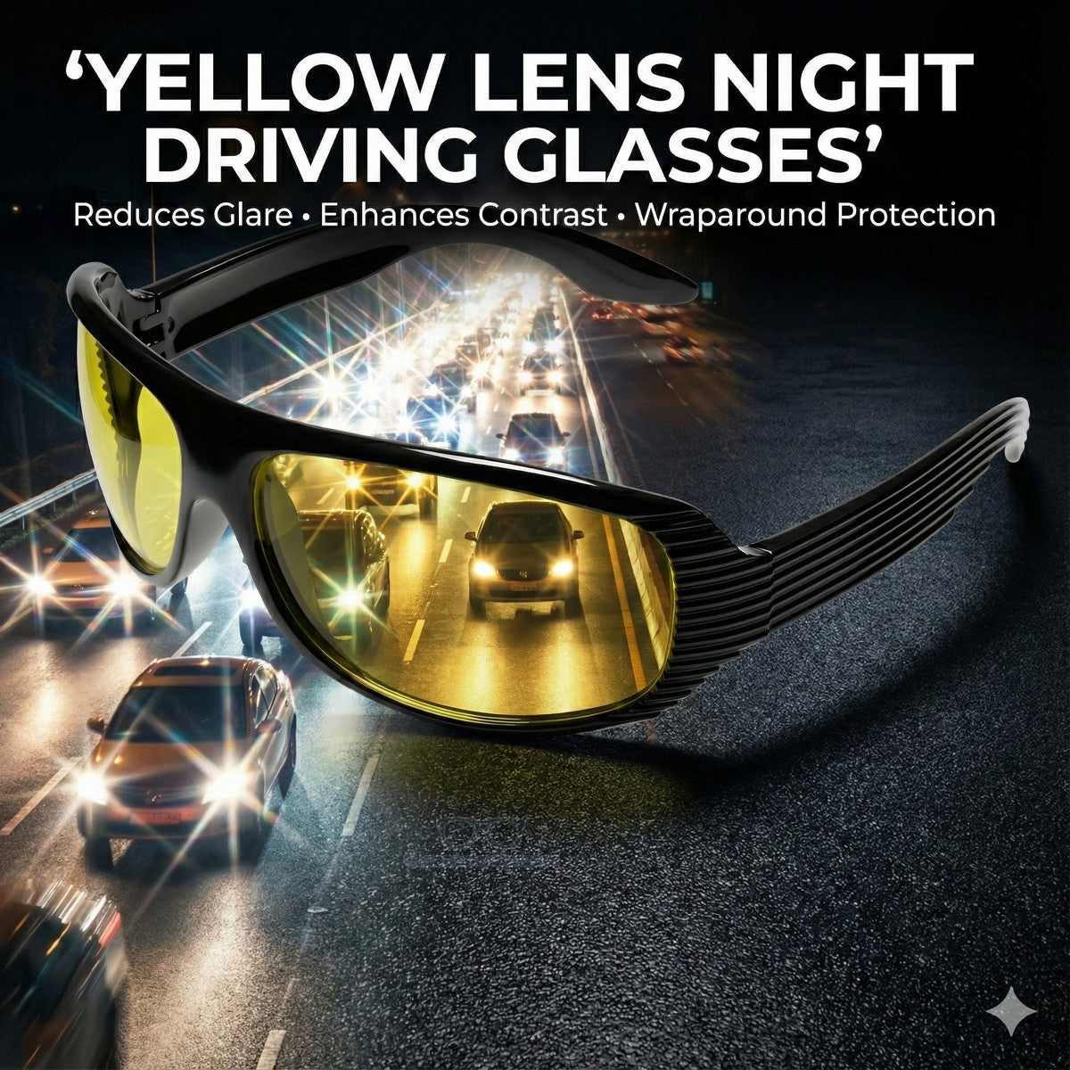 Yellow lens night driving glasses with a road scene in the background