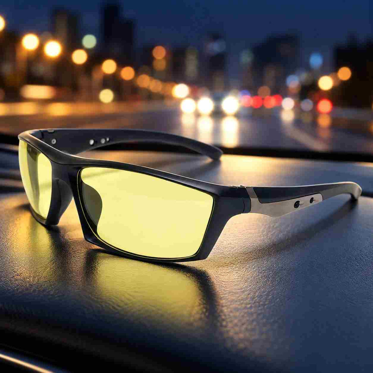 Front view wraparound yellow lens driving glasses
